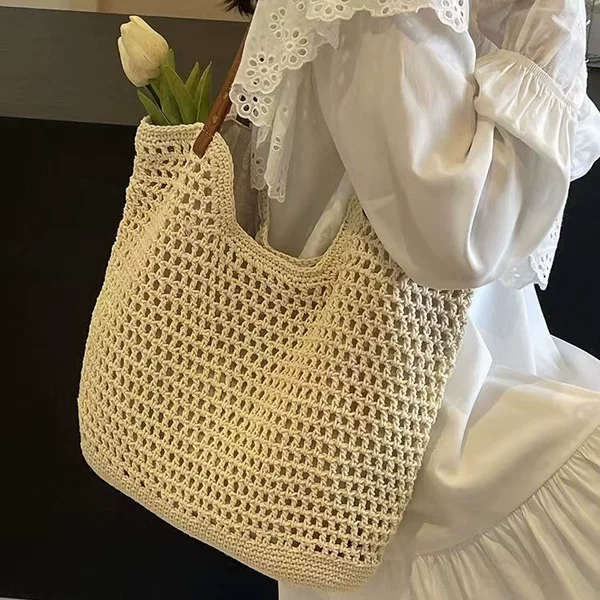 High-End Cotton Straw Woven Bag for Women, Handmade Woven Bag, Large Capacity Shoulder Tote Bag for Women, Vacation Style Beach Bag