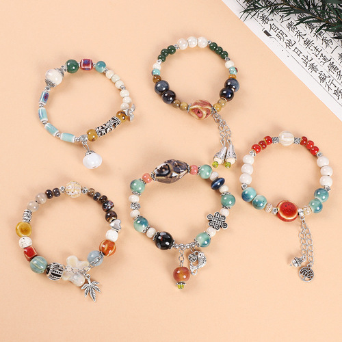 New Chinese style national style ceramic bracelet niche design retro literary beaded bracelet ethnic style braided bracelet for men and women
