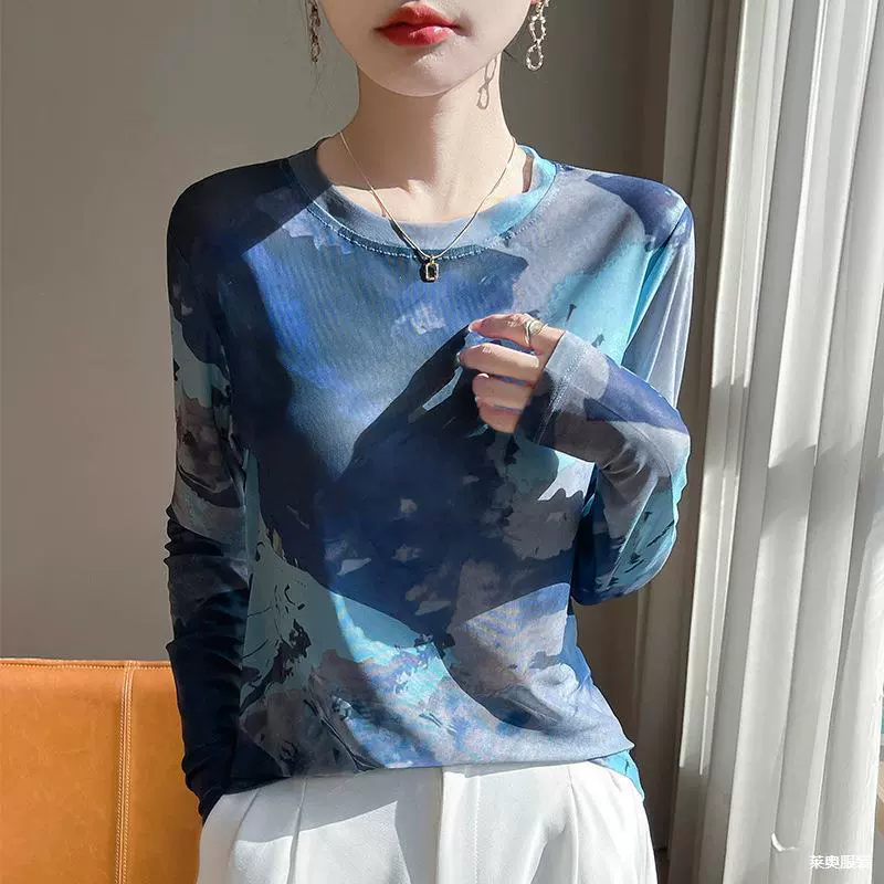 Весенние и летние новые чернила и окрашенные сетчатые нижние рубашки с принтом женская мода тонкая футболка с длинными рукавами