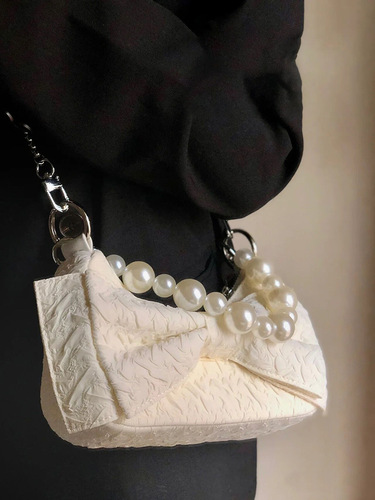 Internet celebrity super popular bow pearl chain bag women's niche design pleated handbag armpit bag single shoulder crossbody bag