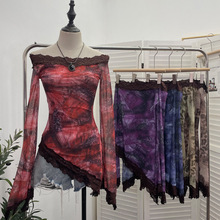 实拍 扎染豹纹印花蕾丝拼接双层网纱一字肩不规则大喇叭上衣 9912