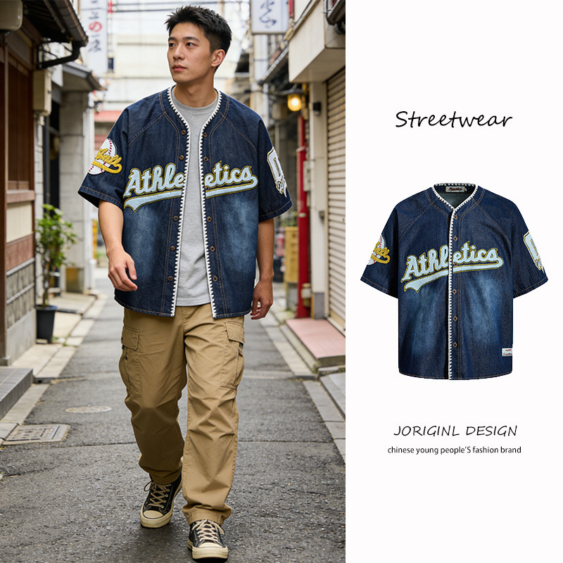American Retro Velvet Embroidered Denim Baseball Shirt for Men, New Spring/Summer Style, Versatile Casual Top for Women, Trendy