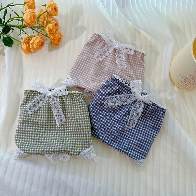 Japanese Girl's Vintage Artistic Cute Plaid Sexy Lace-trimmed Mid-waist Cotton Crotch Hip Briefs Interesting Chessboard