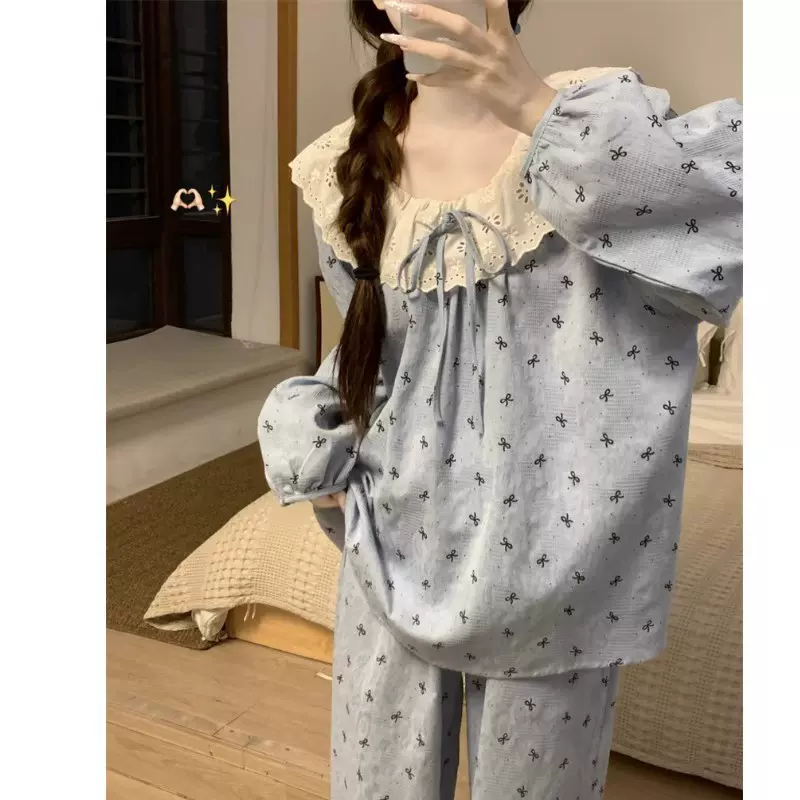 【供应直播】新款云朵棉长袖长裤套装女睡衣家居服卡通蕾丝花边韩