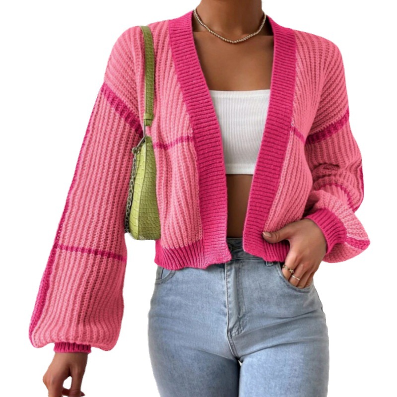 Spot suéteres personalizados transfronterizos europeos y americanos primavera y otoño suéter de punto corto cardigan chaqueta exterior suéter suelto en contraste mujeres image 7