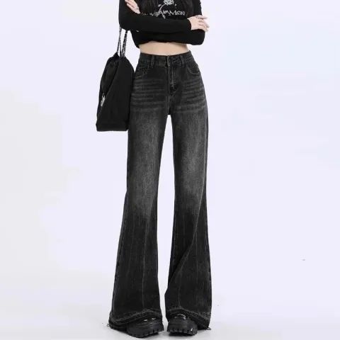 Black and Grey Slightly Loose Jeans Spring and Autumn Rust Design Flared Pants High Waist Slim Look Women's Pants plus size chubby girl
