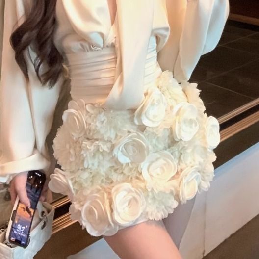 时尚套装绝美气质收腰衬衫女冬季立体花朵包臀半身裙高级感两件套|undefined