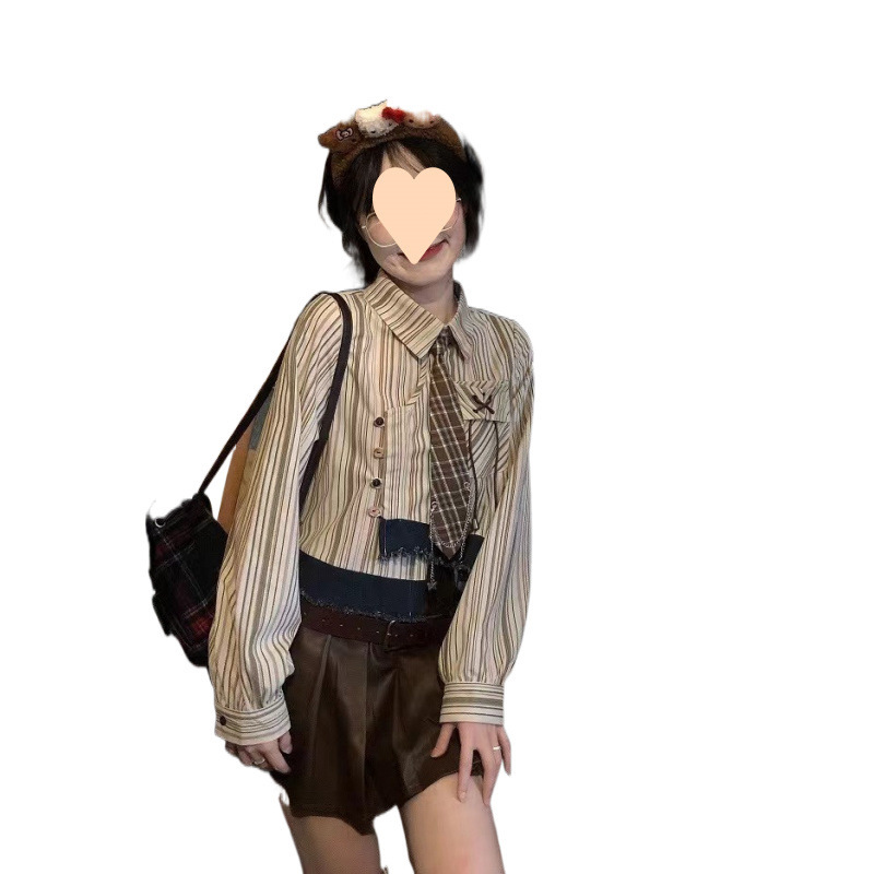 春秋美拉德新款美式复古纽扣设计感小众条纹长袖学院衬衫上衣短款|undefined