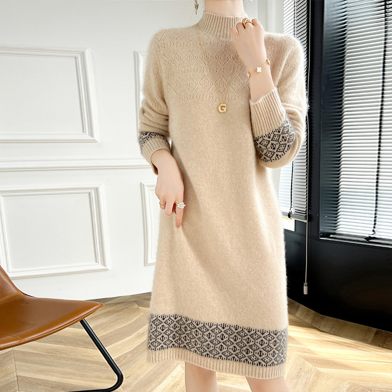 Autumn and Winter New Pure Wool Over-the-Knee Dress Women's Retro Half-height Crewneck Knitted dress Women's Contrast Jacquard Midi Dress