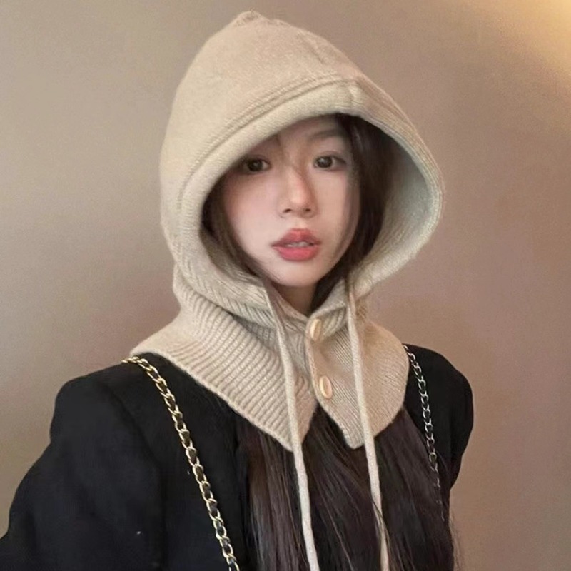 冬の韓国バラクラバ帽子女性の暖かい帽子スカーフオールインワンカップル耳保護ウールニット帽子|undefined