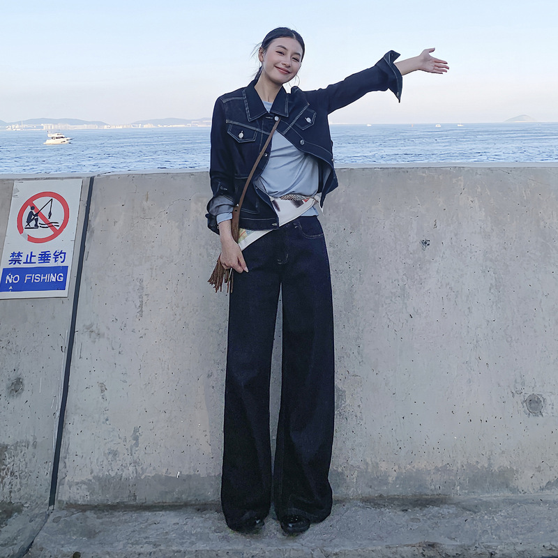 美式解构质感牛仔外套宽松廓形修身显瘦工装夹克套装女牛仔阔腿裤|undefined