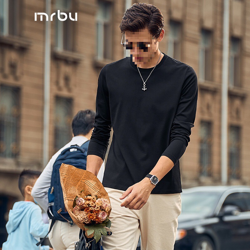 同款MrBu布先生重磅长绒棉白色长袖t恤男休闲打底衫内搭T时尚都市|undefined
