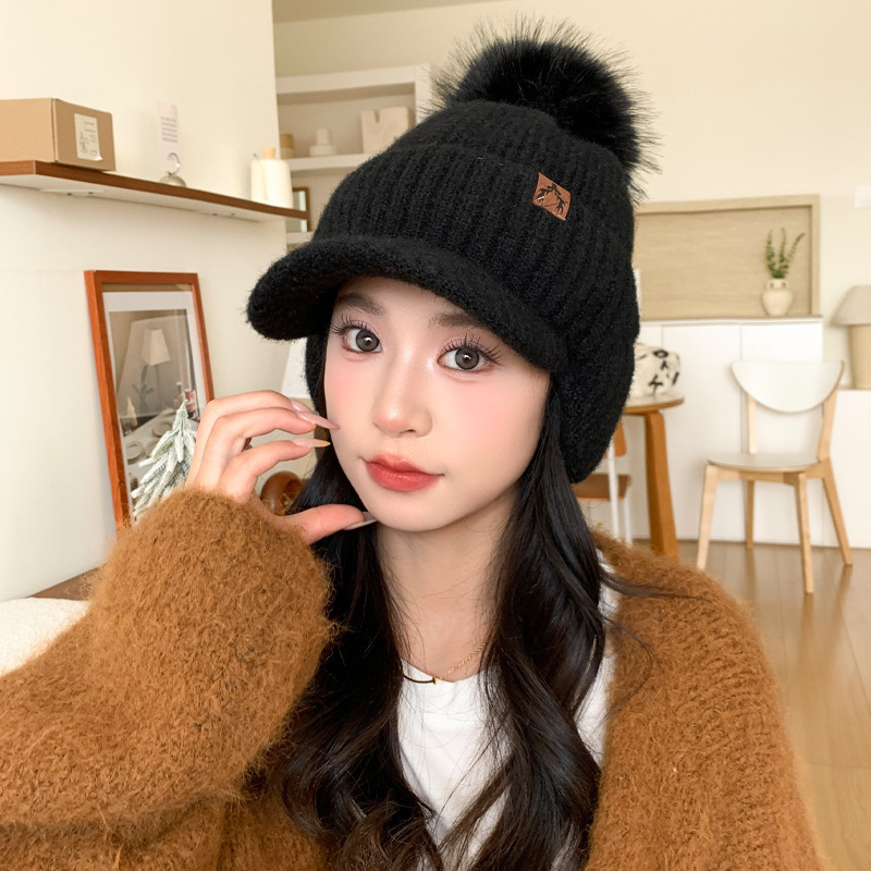 秋冬百搭皮标加绒加厚毛线帽户外防寒护耳帽韩系休闲显脸小帽子女|undefined