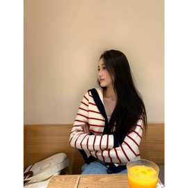 法式小香风毛衣海军领外套粉色条纹针织开衫女秋设计感学院风上衣