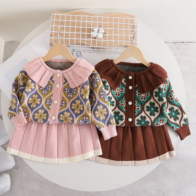 Robe pull longue pour filles, nouveau style jacquard d'automne et d'hiver, ensemble tricoté deux pièces, encolure inversée pour bébé fille_voghion.com