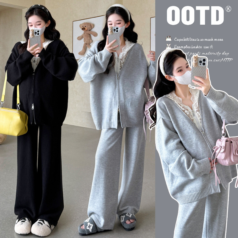 Maternity wear for autumn and winter, trendy new design for fashionable moms, lace patchwork zip-up hooded wide-leg pants two-piece set Maternity wear for autumn and winter, trendy new design for fashionable moms, lace patchwork zip-up hooded wide-leg pants two-piece set