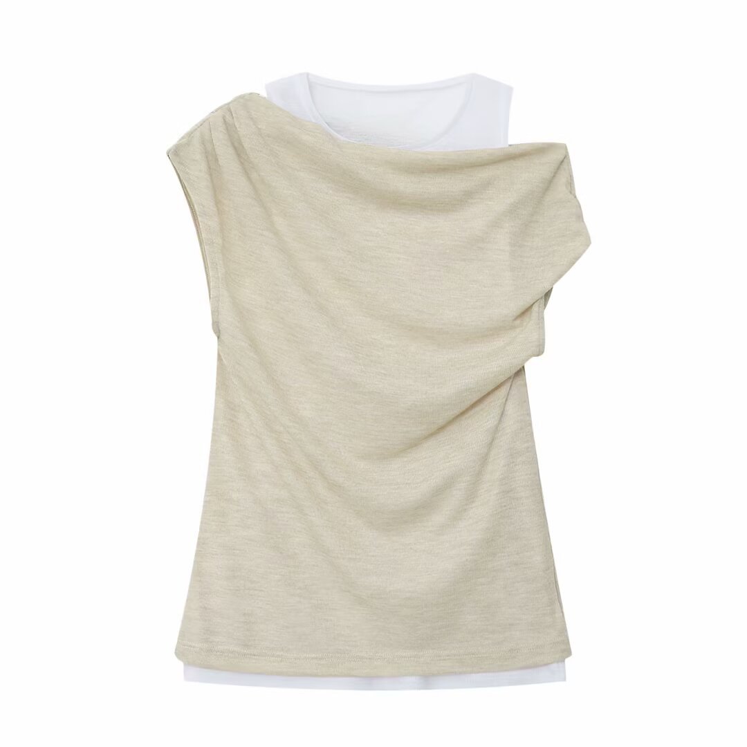 Women's Clothing Women's Casual Double Layer Asymmetrical Round Neck Sleeveless T-Shirt Summer For Formal & Casual For Women_ecoleips.com