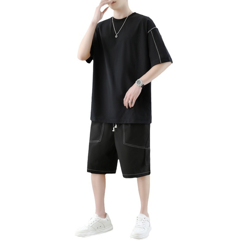 Hombres de verano nuevo color sólido simple pantalones cortos de manga corta dos piezas casuales sueltos y versátiles set de tamaño grande