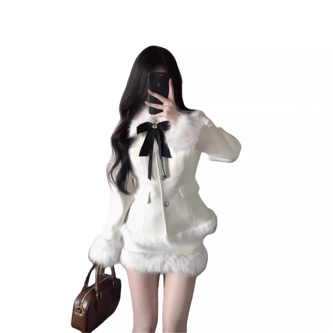 (2개) 한국 드라마 딸 빅 미스 타이트 허리 슬림 울 재킷 오버스커트 세트 여성 누빔안감 따뜻한 투피스 세트