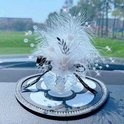 [Flower Feather] Car Ornaments Flower Car ornaments - ornaments-white-diamond-camellia-mat