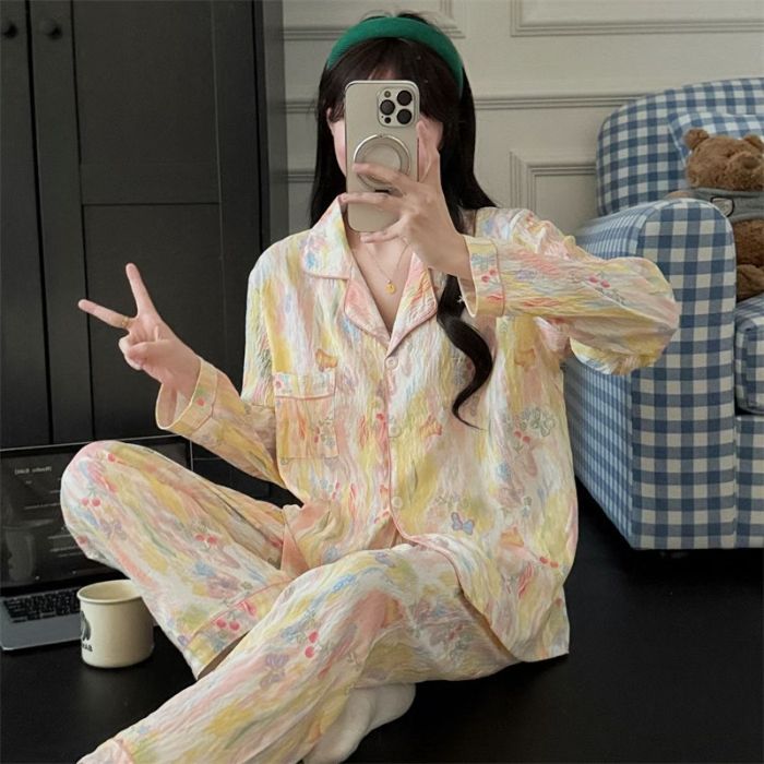 Al por mayor transfronterizo cien pijamas de verano mujeres 2025 nuevas nubes de algodón pantalones de manga larga dibujos animados lindos ropa para el hogar