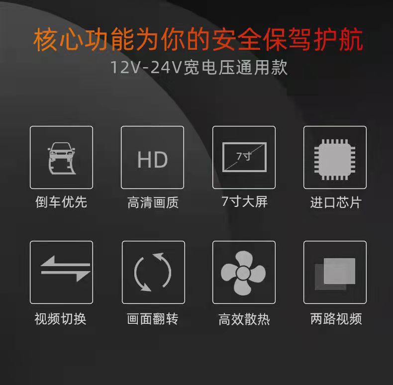 Truck reversing camera display 7inch AHD screen with standard aviation high-definition night vision camera lens 15m cable set