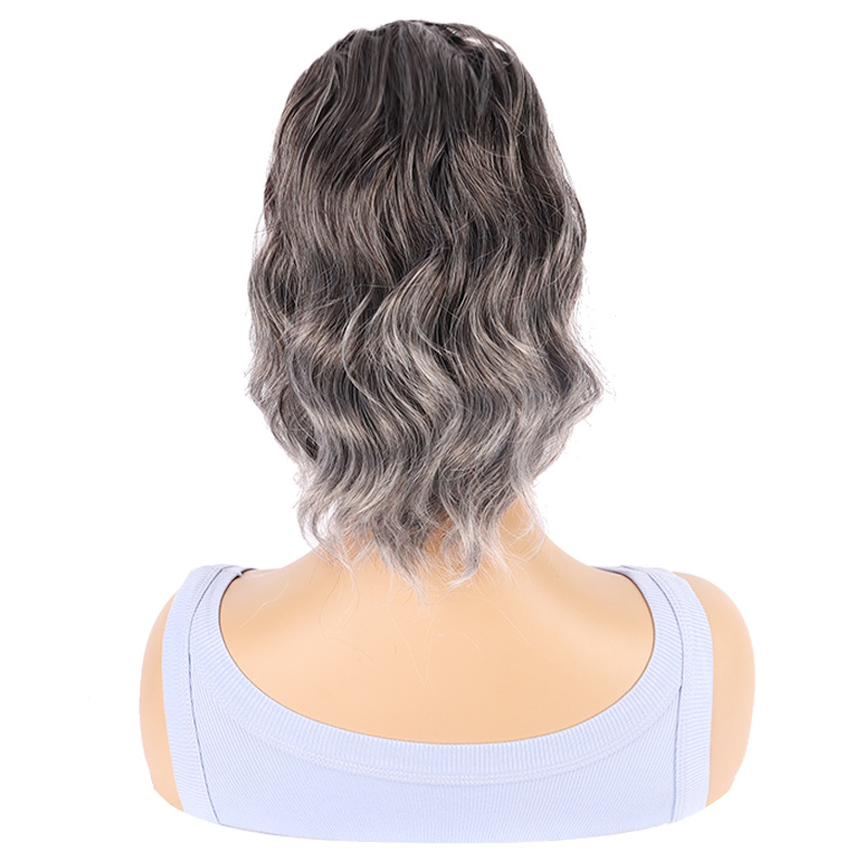 Perruque transfrontalière pour femmes européennes et américaines, gris dégradé effet vague, cheveux courts bouclés, queue de cheval à cordon, queue de cheval_voghion.com
