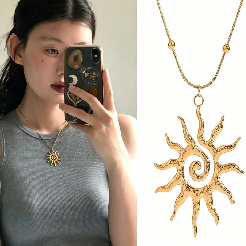 European and American Cross-Border Amazon Spiral Sun Pendant Necklace Women's Personalized Gold Hollow Pendant Fashion Simple Necklace