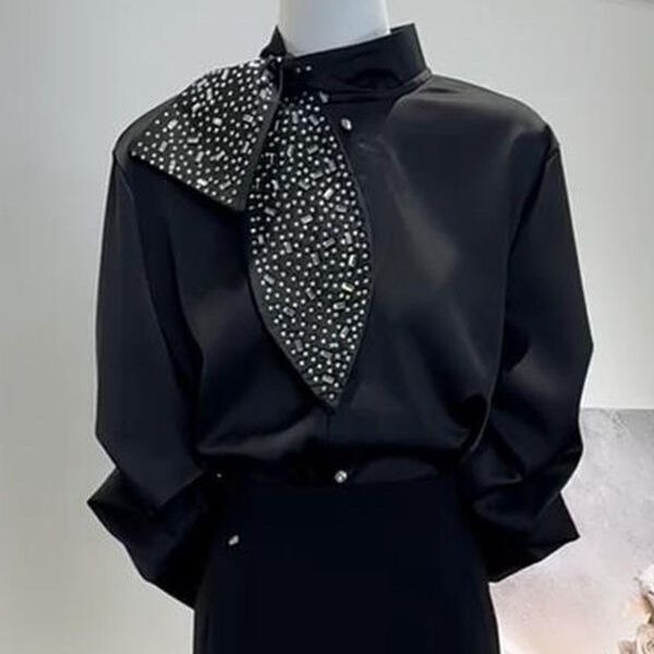 2026 Spring New Style Diamond-Encrusted Design Stylish Irregular Stand-Up Collar Solid Color Versatile Fashionable Commuter Shirt for Women