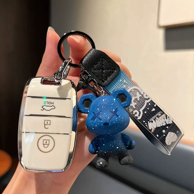 and Women's Cross, Car key bag - kia-a-smart-3-key-single-shell-white-blue-violence-bear-pendant