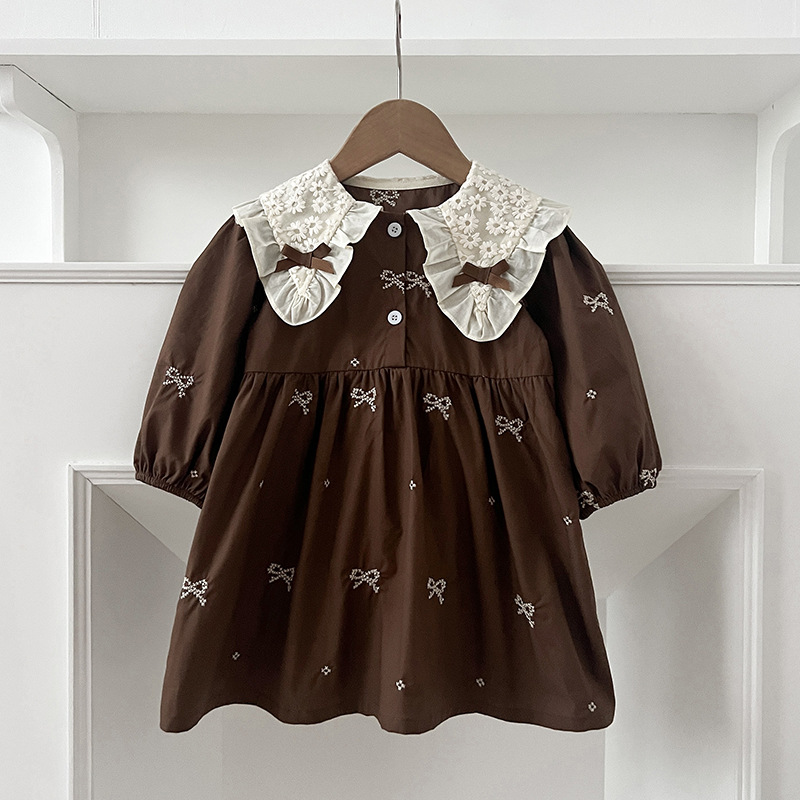 Vestido de niña de estilo coreano Primavera y otoño de manga larga mameluco del bebé collar de mariposa bebé niñas vestido bordado hermanas ropa