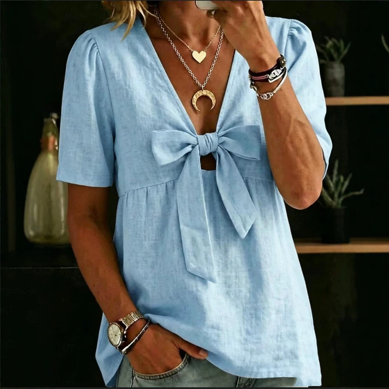 2026 European and American Cross-Border Women's Clothing Amazon New Summer Fashion Loose Casual V-Neck Tie Bow Shirt 2026 European and American Cross-Border Women's Clothing Amazon New Summer Fashion Loose Casual V-Neck Tie Bow Shirt
