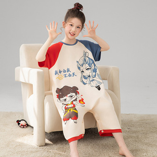 Nata Girls One-Piece Pajamas Summer Short-Sleeved Pure Cotton 2025 New Girls Thin Kidsren's Cartoon Sleeping Bag New Style