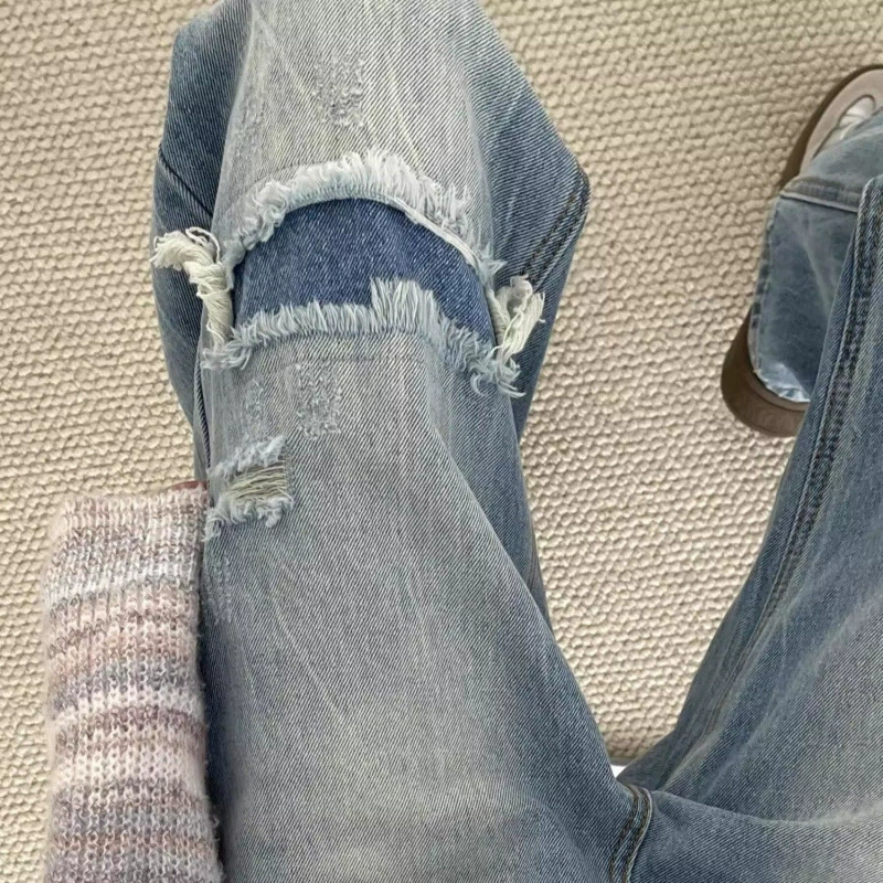Светло-голубые рваные свободные прямые джинсы для женщин, ранняя весна, новый дизайн, высокая талия, демонстрирующие драпированные брюки-бродяги