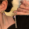 Purple small design advanced elegant earrings with bow from pearl with tassels, french style, orchid, high-quality style