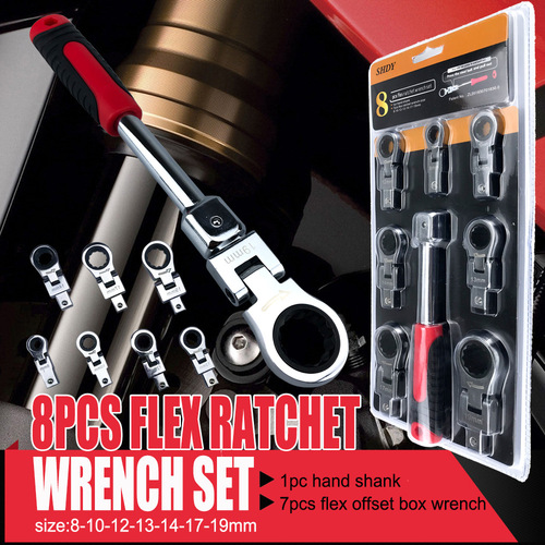 8-piece set of detachable movable head ratchet wrench, oscillating wrench 180° rotating wrench, portable tool set