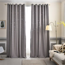 2022歐美現代遮光布卧室灰色鏤空切割小星星純色簡約成品遮陽窗簾