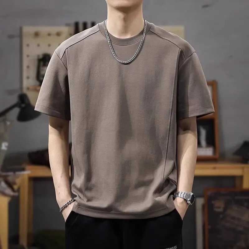 Plus Size 150kg Simple Patchwork Short-Sleeve T-Shirt for Men, Trendy and Versatile, High-End American Style, Heavy-Duty Pure Cotton Tee for Summer
