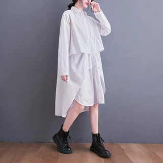 实拍2023春装新款中长款衬衫长袖不规则宽松大码显瘦连衣裙