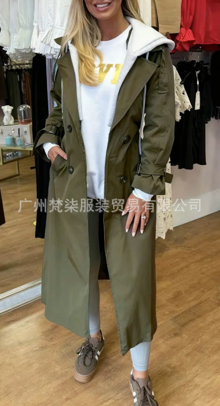 现货欧美2025秋冬亚马逊跨境新款连帽翻领假两件休闲长款风衣外套|undefined