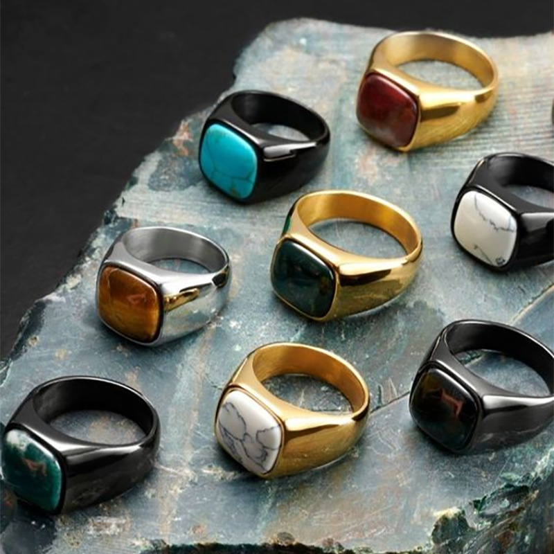 15g Weight Natural Stone, Gem Inlay Material Rings Classification 11, 12, 8 Ring Size 1 Piece Quantity Holiday, Daily Occasion Titanium Steel Material Square Pattern Men's Gender Inlay Design Casual, Retro Style Casual Retro Square Titanium Steel Inlay Natural Stone Gem Men's Rings 无