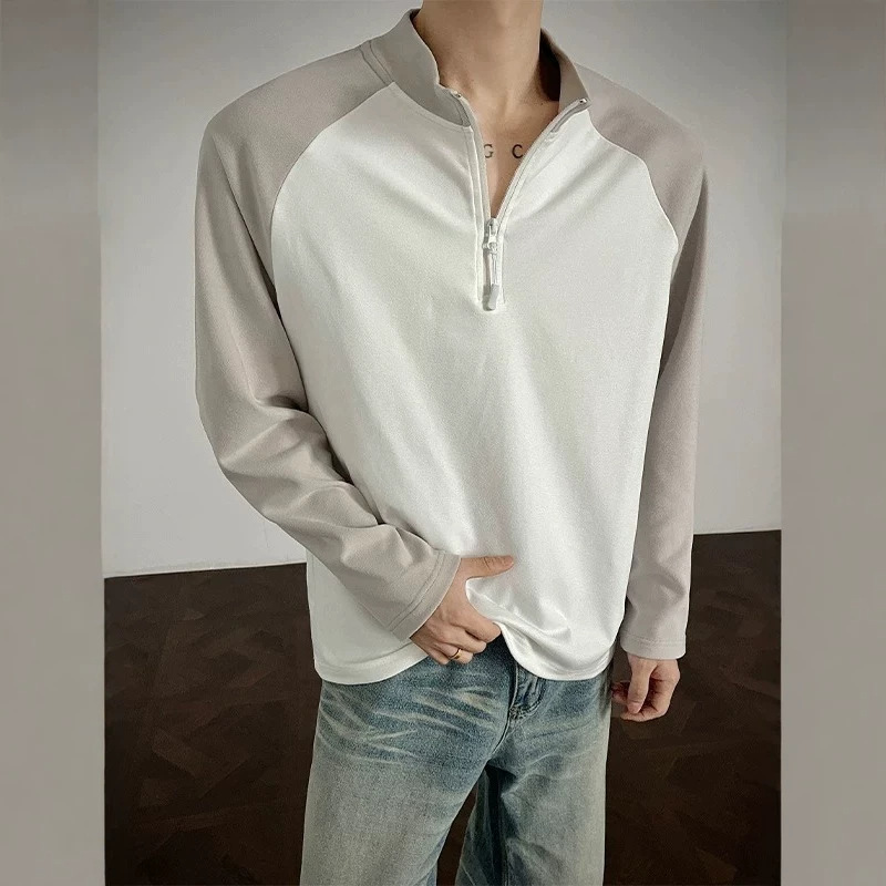 2026 Raglan Sleeve De Rong Color-Block Stand Collar Sports Fitness Loose Long Sleeve T-Shirt Men's Half-Zip Color-Block T-Shirt 2026 Raglan Sleeve De Rong Color-Block Stand Collar Sports Fitness Loose Long Sleeve T-Shirt Men's Half-Zip Color-Block T-Shirt