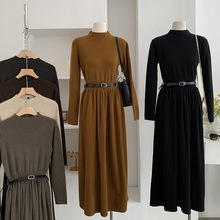 欧玛莱 立领纯色收腰显瘦长袖针织连衣裙秋季新款气质长裙女 5156