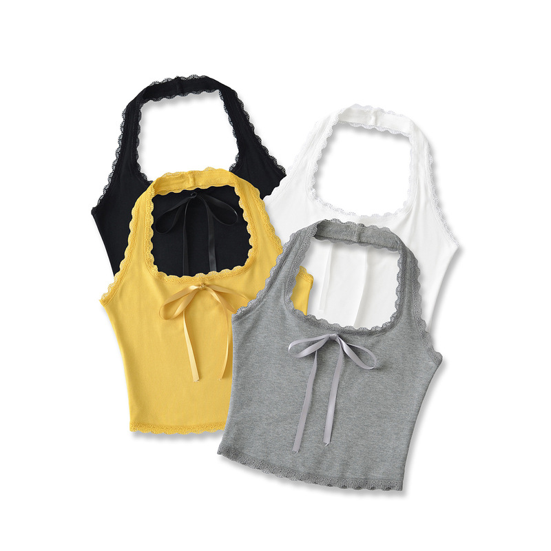 Lace Halterneck Camisole Women's Summer Style 2025 Pure Lust Sexy Sexy Bow Decorated Inner Short Top