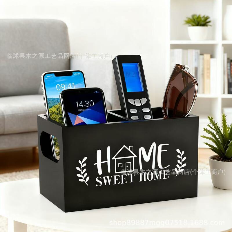 Multi-Compartment Desktop Storage Box for Remote Controls, Phones, Glasses, Household Items, Living Room, Black, Simple Storage