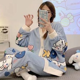 Thickened Coral Fleece Pajamas Women's Spring Autumn and Winter 2024 New Jade Gui Dog Cartoon Flannel Home Clothes suit