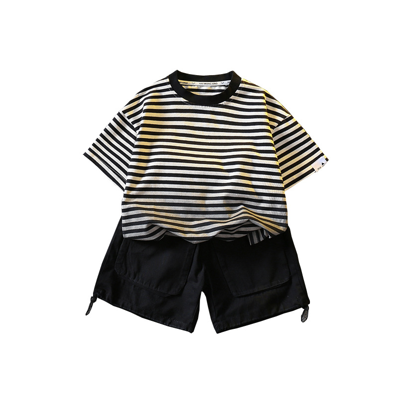 5695 traje de manga corta para niños 2025 verano nuevo bebé a rayas deportivo suelto de dos piezas fresco y guapo