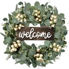 春の夏の大きい藤の輪の藤の条のユーカリのシミュレーションのベリーの花輪のユーカリの門はイースターのクリスマスの装飾品を掛けます。