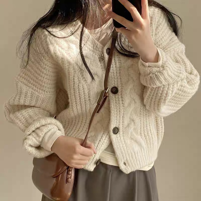 Korean Chic Autum New Style Lazy Style V Neck Puff Sleeves Hemp Pattern Loose Knitted Cardigan Sweater Jacket for Women