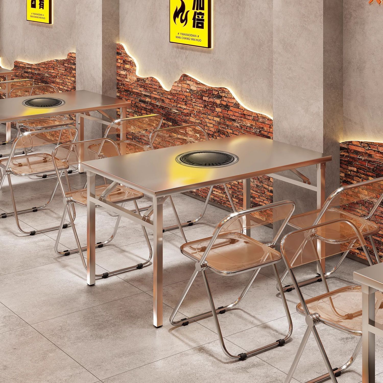 Stainless Steel Grill and Hot Pot Integrated Table with Induction Cooker, Korean-Style Grill, Restaurant Foldable Storage Square Table, Folding Table